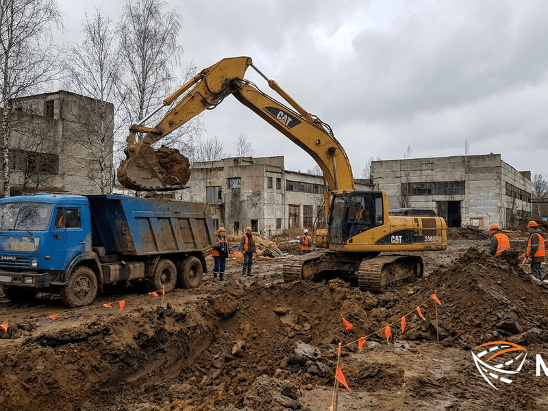 Земляные работы: экскаватор CAT 330 копает траншею